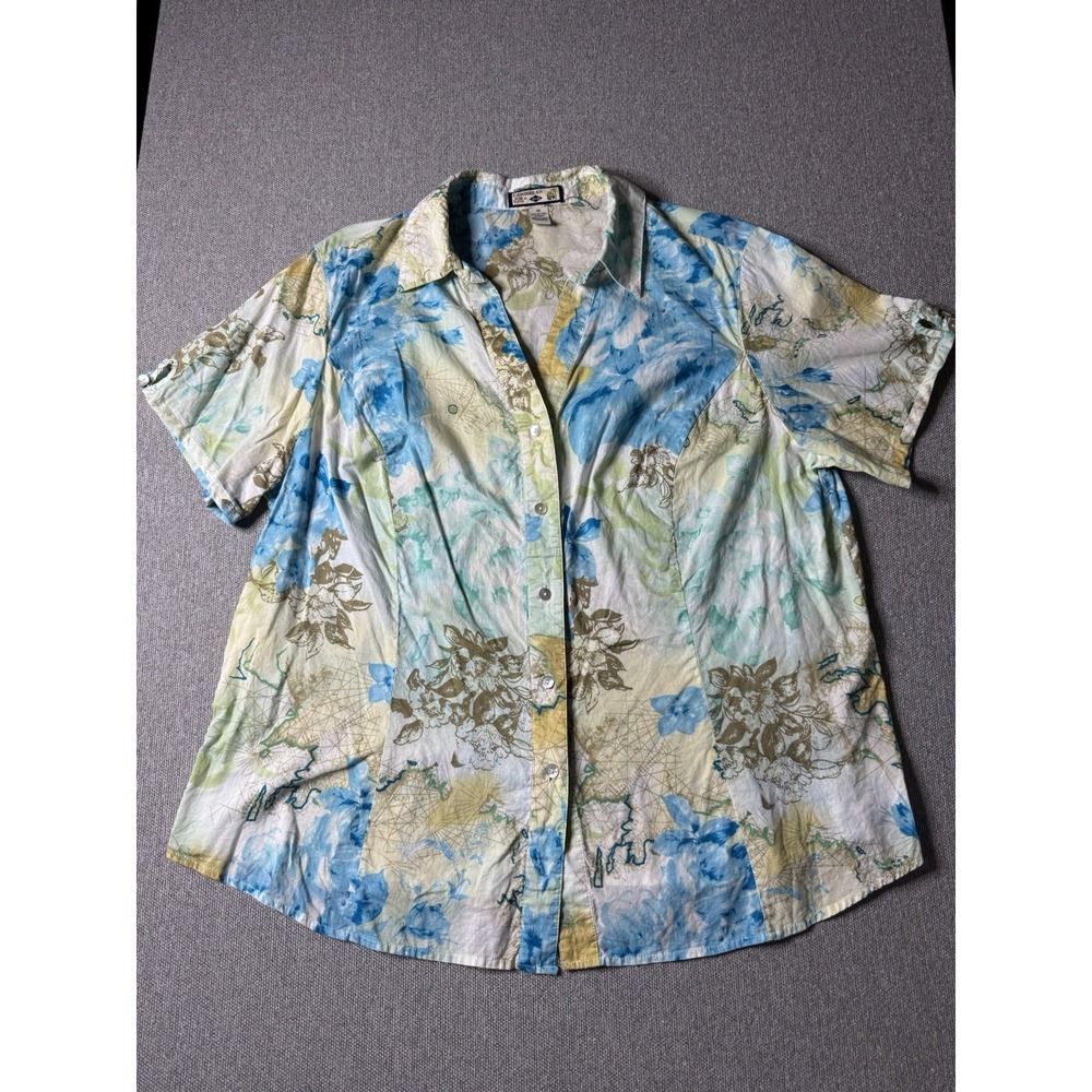 Caribbean Joe Women's Multicolored Hawaiian Button-Up Cotton Blouse 1X Floral.